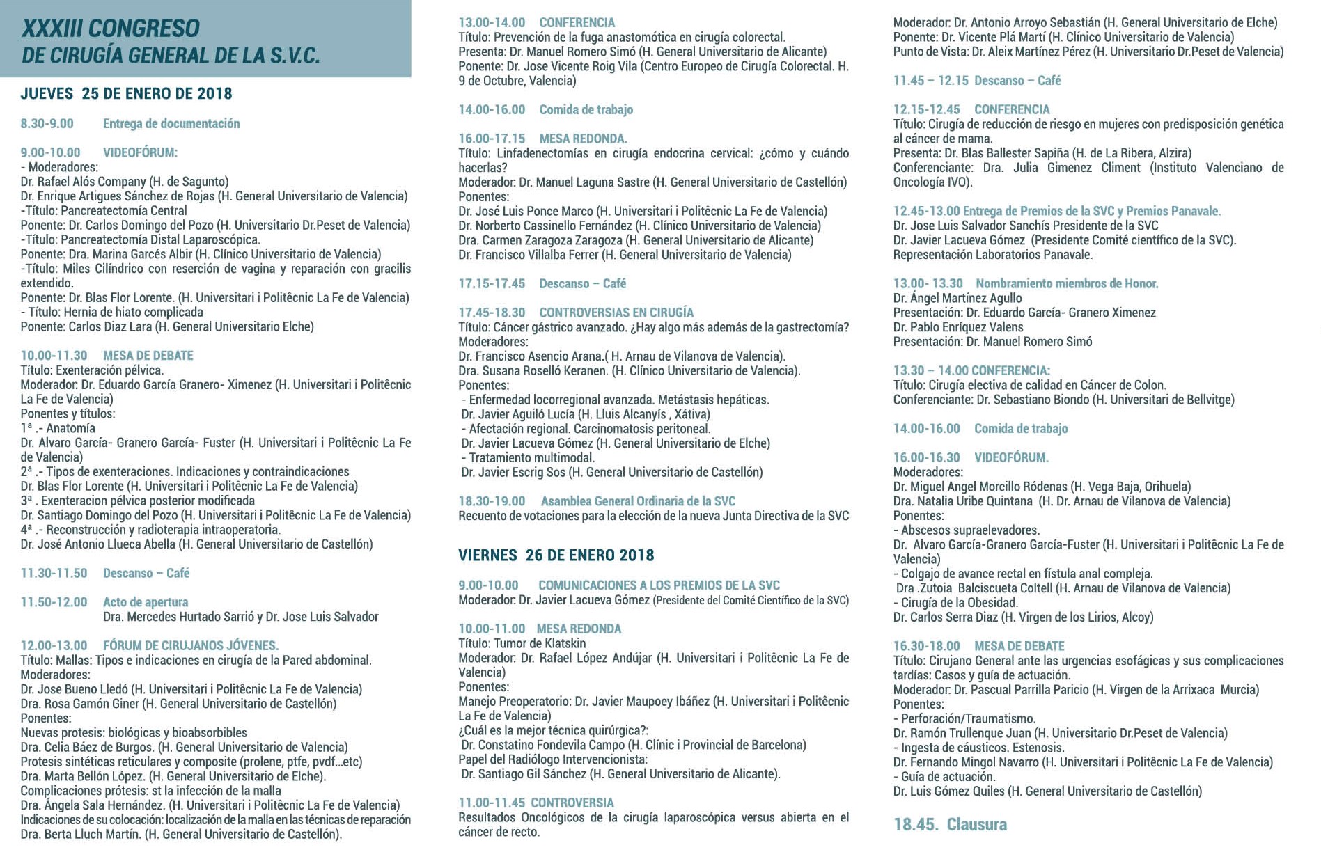 Programa XXXIII Sociedad Valenciana Cirugía 25 Enero 2018
